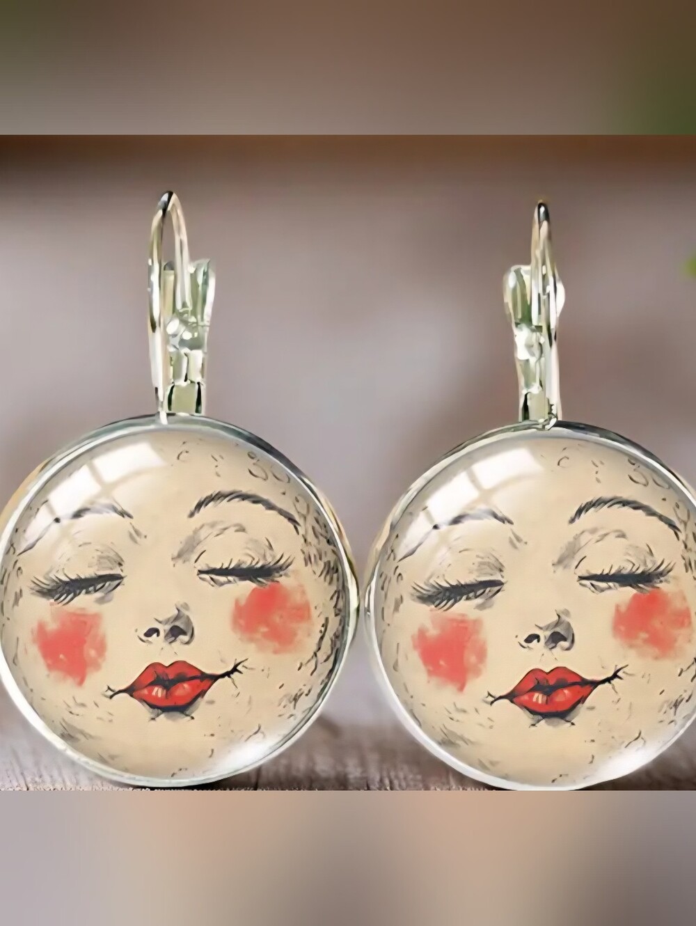 Moon Face Drop Earrings in Cream and Red.
